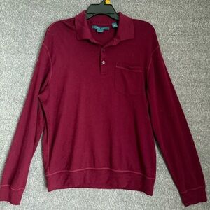 Perry Ellis Men Deep Red 100% Merino Long Sleeve Polo Sz L